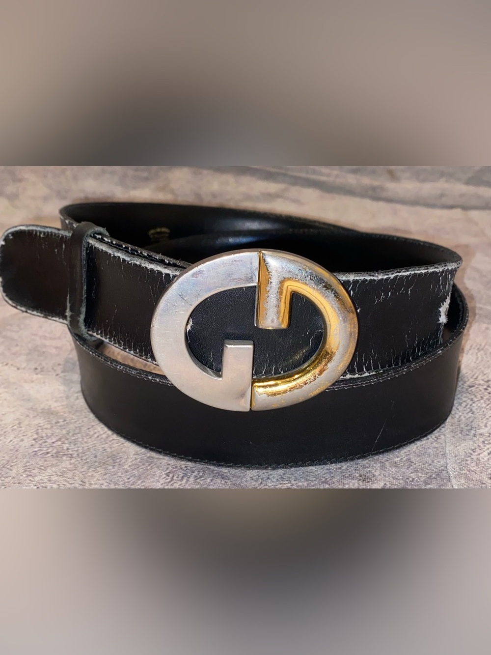 Gucci Boutique 70s 80s GG Logo Buckle Leather Belt Silver Brass Gold Vintage 36